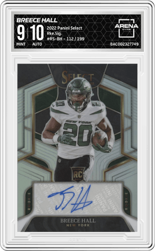 Breece Hall from the 2022 Panini Select set graded by Arena Club and given an overall grade of 9.