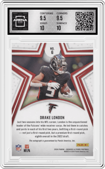 Drake London from the 2024 Panini Rookies & Stars set featuring a Longevity parallel graded by Arena Club and given an overall grade of 10.