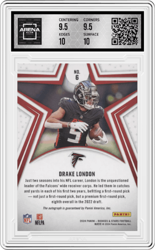Drake London from the 2024 Panini Rookies & Stars set featuring a Longevity parallel graded by Arena Club and given an overall grade of 10.
