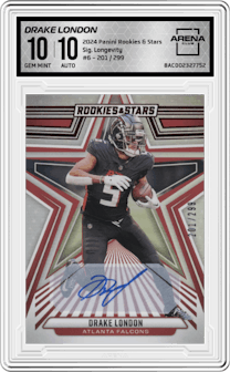 Drake London from the 2024 Panini Rookies & Stars set featuring a Longevity parallel graded by Arena Club and given an overall grade of 10.