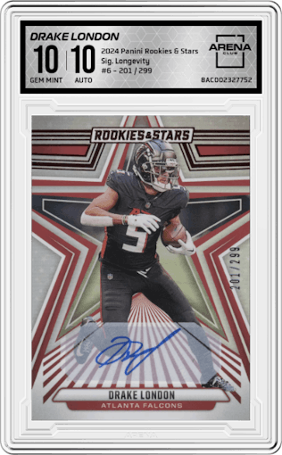 Drake London from the 2024 Panini Rookies & Stars set featuring a Longevity parallel graded by Arena Club and given an overall grade of 10.