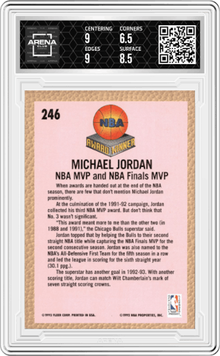Michael Jordan from the 1992-93 Fleer  set graded by Arena Club and given an overall grade of 7.