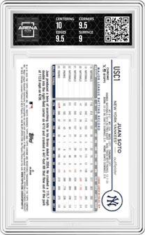 Juan Soto from the 2024 Topps Chrome Update set featuring a X-Fractor parallel graded by Arena Club and given an overall grade of 9.5.