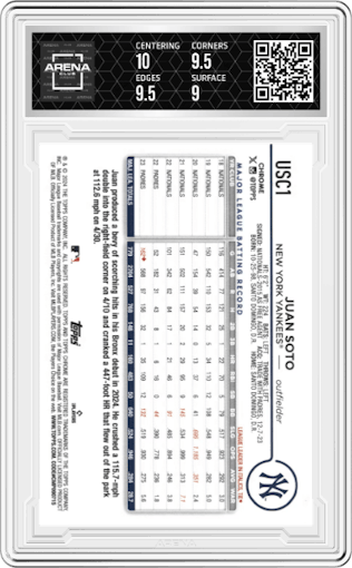 Juan Soto from the 2024 Topps Chrome Update set featuring a X-Fractor parallel graded by Arena Club and given an overall grade of 9.5.