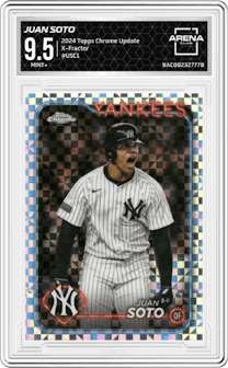 Juan Soto from the 2024 Topps Chrome Update set featuring a X-Fractor parallel graded by Arena Club and given an overall grade of 9.5.