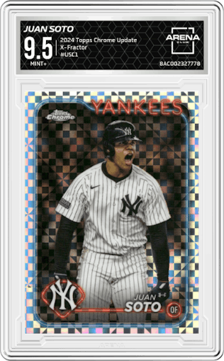 Juan Soto from the 2024 Topps Chrome Update set featuring a X-Fractor parallel graded by Arena Club and given an overall grade of 9.5.