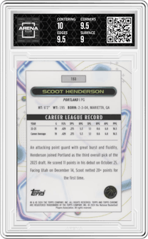Scoot Henderson from the 2023-24 Topps Chrome Cosmic set graded by Arena Club and given an overall grade of 9.5.