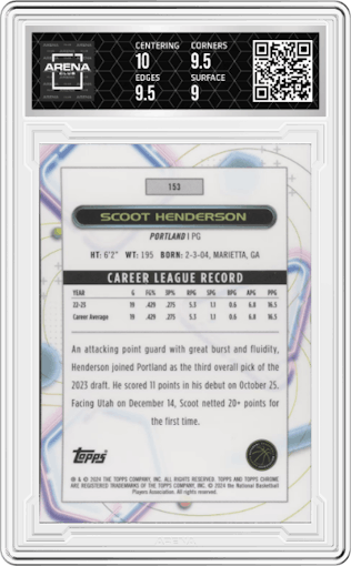 Scoot Henderson from the 2023-24 Topps Chrome Cosmic set graded by Arena Club and given an overall grade of 9.5.