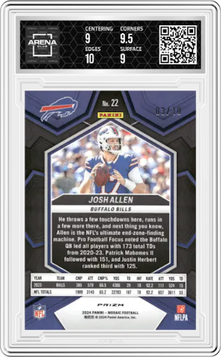 Josh Allen from the 2024 Panini Mosaic set featuring a Green Fluorescent parallel graded by Arena Club and given an overall grade of 9.5.