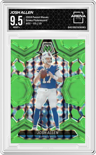 Josh Allen from the 2024 Panini Mosaic set featuring a Green Fluorescent parallel graded by Arena Club and given an overall grade of 9.5.