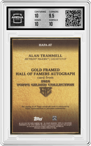 Alan Trammell from the 2024 Topps Gilded Collection set graded by Arena Club and given an overall grade of 10.