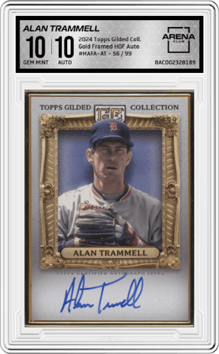 Alan Trammell from the 2024 Topps Gilded Collection set graded by Arena Club and given an overall grade of 10.