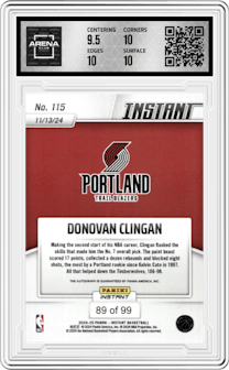 Donovan Clingan from the 2024-25 Panini Instant NBA set graded by Arena Club and given an overall grade of 10.