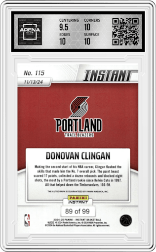 Donovan Clingan from the 2024-25 Panini Instant NBA set graded by Arena Club and given an overall grade of 10.