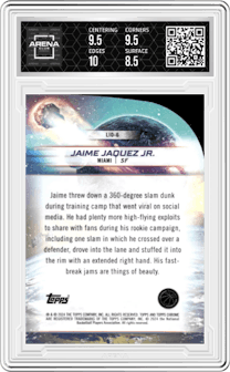 Jaime Jaquez Jr.  from the 2023-24 Topps Chrome Cosmic set featuring a Blue Moon Refractor parallel graded by Arena Club and given an overall grade of 9.