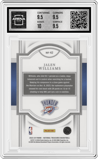 Jalen Williams from the 2023-24 Panini National Treasures set featuring a Emerald parallel graded by Arena Club and given an overall grade of 10.