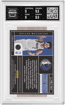 Dereck Lively II from the 2023-24 Panini One and One set featuring a Purple parallel graded by Arena Club and given an overall grade of 9.5.