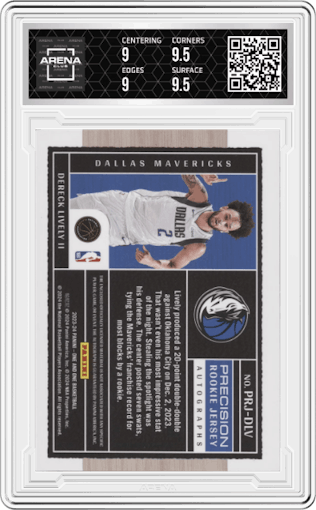 Dereck Lively II from the 2023-24 Panini One and One set featuring a Purple parallel graded by Arena Club and given an overall grade of 9.5.