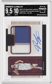 Dereck Lively II from the 2023-24 Panini One and One set featuring a Purple parallel graded by Arena Club and given an overall grade of 9.5.