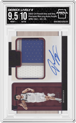 Dereck Lively II from the 2023-24 Panini One and One set featuring a Purple parallel graded by Arena Club and given an overall grade of 9.5.