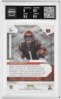 Ja'Marr Chase from the 2021 Panini XR set graded by Arena Club and given an overall grade of 8.5.