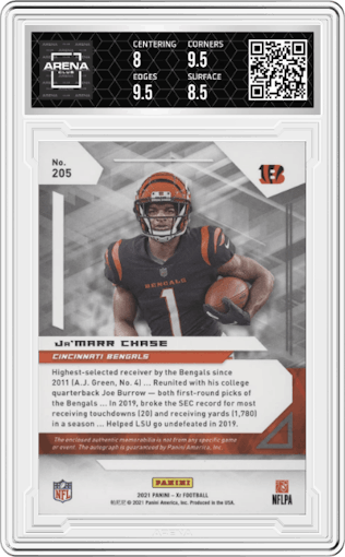 Ja'Marr Chase from the 2021 Panini XR set graded by Arena Club and given an overall grade of 8.5.