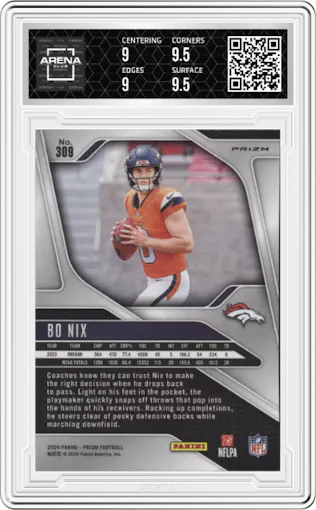 Bo Nix from the 2024 Panini Prizm set featuring a Silver Prizm parallel graded by Arena Club and given an overall grade of 9.5.