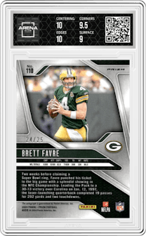 Brett Favre from the 2024 Panini Prizm set featuring a Blue Shimmer parallel graded by Arena Club and given an overall grade of 9.5.
