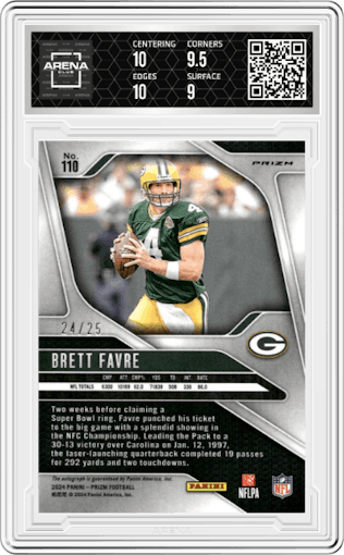 Brett Favre from the 2024 Panini Prizm set featuring a Blue Shimmer parallel graded by Arena Club and given an overall grade of 9.5.