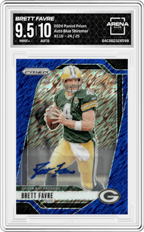 Brett Favre from the 2024 Panini Prizm set featuring a Blue Shimmer parallel graded by Arena Club and given an overall grade of 9.5.
