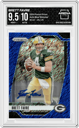 Brett Favre from the 2024 Panini Prizm set featuring a Blue Shimmer parallel graded by Arena Club and given an overall grade of 9.5.