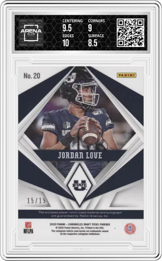 Jordan Love from the 2020 Panini Chronicles Draft Picks  set featuring a Neon Pink parallel graded by Arena Club and given an overall grade of 9.