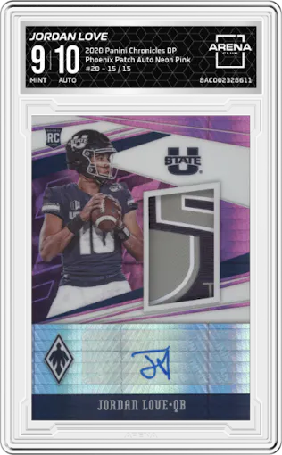 Jordan Love from the 2020 Panini Chronicles Draft Picks  set featuring a Neon Pink parallel graded by Arena Club and given an overall grade of 9.