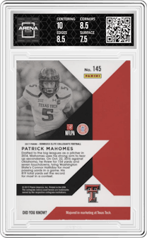 Patrick Mahomes II from the 2017 Panini Elite Draft Picks set graded by Arena Club and given an overall grade of 8.