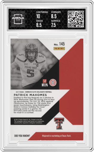 Patrick Mahomes II from the 2017 Panini Elite Draft Picks set graded by Arena Club and given an overall grade of 8.