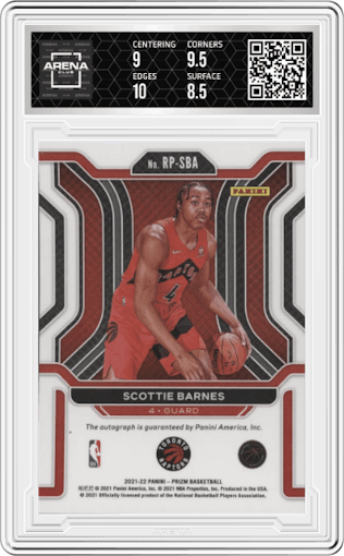 Scottie Barnes from the 2021-22 Panini Prizm  set graded by Arena Club and given an overall grade of 9.