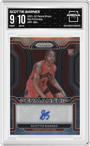 Scottie Barnes from the 2021-22 Panini Prizm  set graded by Arena Club and given an overall grade of 9.