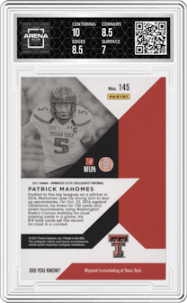 Patrick Mahomes II from the 2017 Panini Elite Draft Picks set graded by Arena Club and given an overall grade of 7.5.