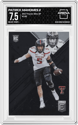 Patrick Mahomes II from the 2017 Panini Elite Draft Picks set graded by Arena Club and given an overall grade of 7.5.
