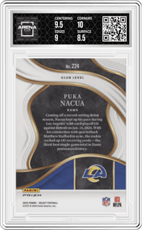 Puka Nacua from the 2023 Panini Select set featuring a Silver Prizm parallel graded by Arena Club and given an overall grade of 9.
