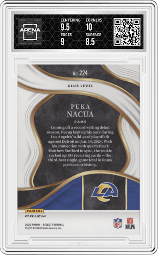 Puka Nacua from the 2023 Panini Select set featuring a Silver Prizm parallel graded by Arena Club and given an overall grade of 9.