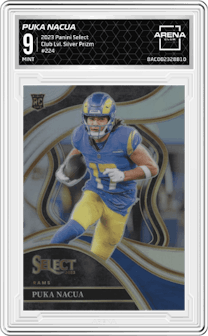 Puka Nacua from the 2023 Panini Select set featuring a Silver Prizm parallel graded by Arena Club and given an overall grade of 9.