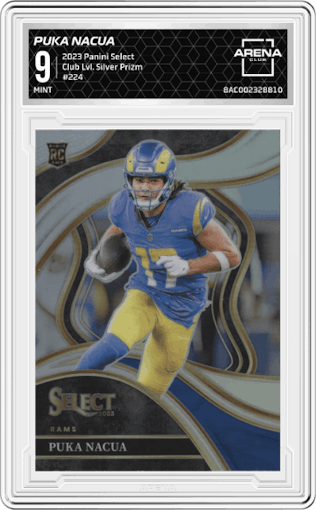 Puka Nacua from the 2023 Panini Select set featuring a Silver Prizm parallel graded by Arena Club and given an overall grade of 9.