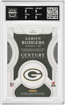Aaron Rodgers from the 2021 Panini National Treasures set graded by Arena Club and given an overall grade of 8.5.