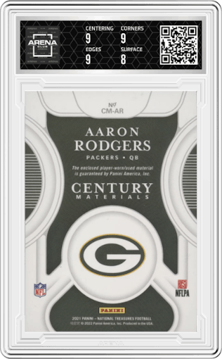 Aaron Rodgers from the 2021 Panini National Treasures set graded by Arena Club and given an overall grade of 8.5.