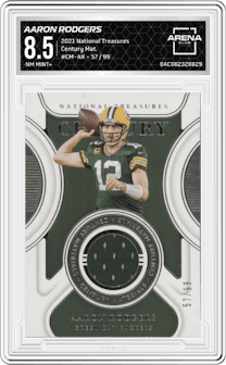 Aaron Rodgers from the 2021 Panini National Treasures set graded by Arena Club and given an overall grade of 8.5.