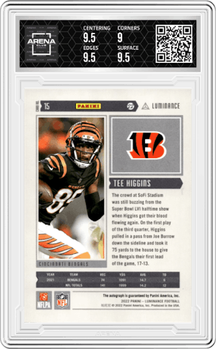 Tee Higgins from the 2022 Panini Luminance set graded by Arena Club and given an overall grade of 9.5.
