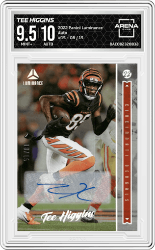 Tee Higgins from the 2022 Panini Luminance set graded by Arena Club and given an overall grade of 9.5.