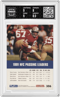 Steve Young from the 1992 SkyBox Impact set graded by Arena Club and given an overall grade of 8.5.
