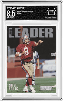 Steve Young from the 1992 SkyBox Impact set graded by Arena Club and given an overall grade of 8.5.